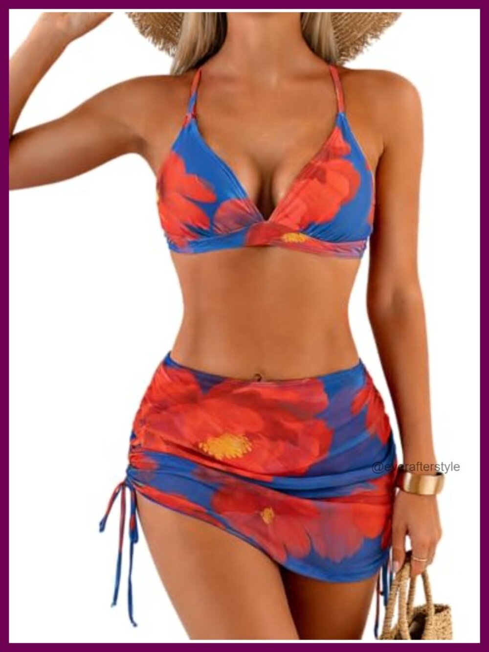 Womens Drawstring Bikini Set with Sheer Mesh Swim Skirt V-Neck Cross Back